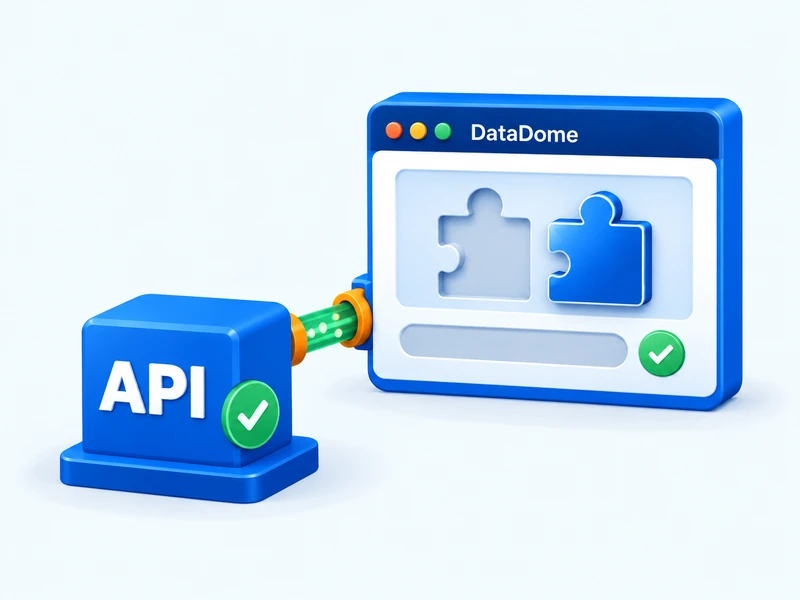 DataDome puzzle verification window connected to a blue API module by a green data pipe