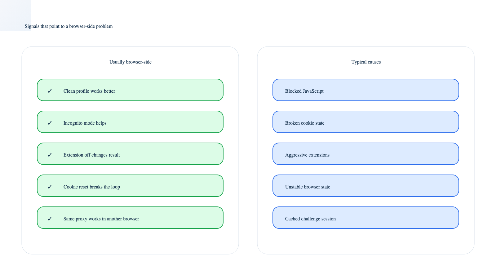 Diagram showing signs that a verification issue is caused by browser-side state or behavior
