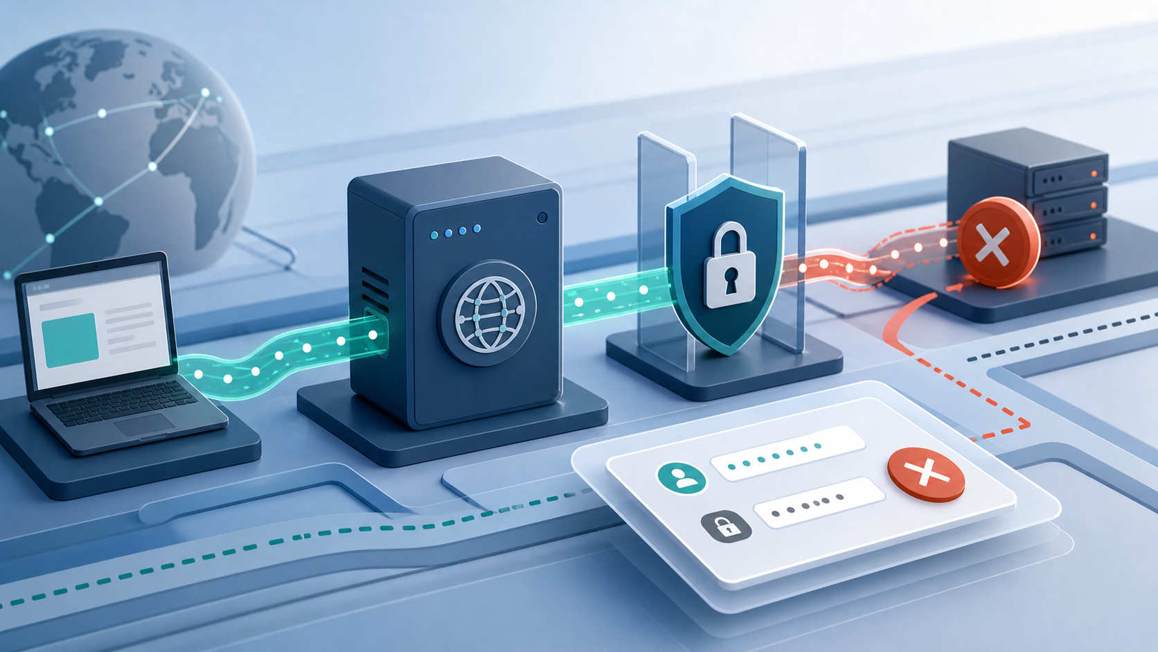 Abstract network security illustration showing an API gateway and browser automation flow through a protected challenge layer